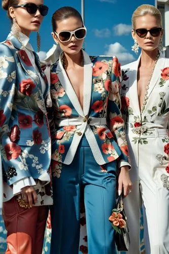 Fashion show ,models in floral suits posing with one woman,marimekko,pantsuits,cavalli,gabbana,kenzo,dvf,Photography,General,Realistic