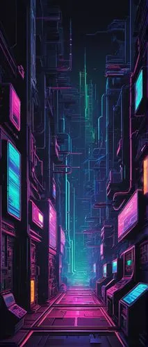 cyberpunk,colorful city,neon arrows,alleyway,cityscape,neon lights,alley,neon ghosts,neon,80's design,neon light,shinjuku,cyber,vapor,cyberspace,neon coffee,metropolis,futuristic landscape,wires,fantasy city,Illustration,Realistic Fantasy,Realistic Fantasy 41