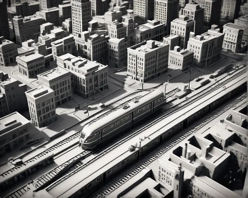 elevated railway,rail traffic,scale model,high-speed rail,model railway,urban development,model train,rail transport,railroads,trains,subway system,the transportation system,hudson yard,transport hub,metropolises,urbanization,transportation system,toy train,railway rails,transport and traffic,Photography,Black and white photography,Black and White Photography 08