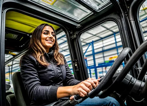 Caucasian woman drives forklift,bus driver,driver's cab,flixbus,the vehicle interior,truck driver,bus garage,volvo ec,volkswagen crafter,postbus,swiss postbus,elle driver,driving assistance,nikola,opt