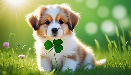 spring leaf background,shamrock,saint patrick,three leaf clover,cute puppy,clover leaves,4 leaf clover,four leaf clover,shetland sheepdog tricolour,five-leaf clover,green background,four-leaf clover,clover flower,4-leaf clover,a four leaf clover,st bernard,welsh corgi,flower background,pot of gold background,clover blossom,Illustration,Retro,Retro 04