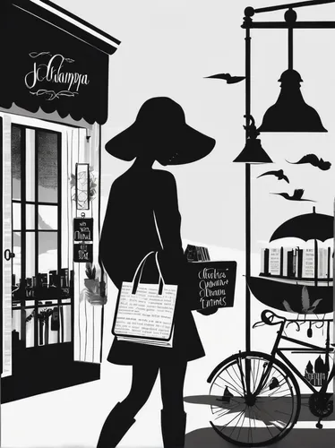 woman shopping,shopping icon,shopper,mannequin silhouettes,shopping venture,paris shops,shopping bags,shopping street,paris clip art,shopping bag,shopping icons,shops,woman bicycle,shopkeeper,fashion street,thymes,aromas,shopping box,yolanda's-magnolia,merchant,Illustration,Black and White,Black and White 33