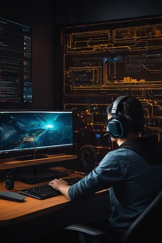 fractal design,computer workstation,computer room,crypto mining,working space,man with a computer,control center,monitor wall,computer desk,monitors,computer game,wireless headset,dispatcher,lan,dual screen,night administrator,connectcompetition,digital compositing,lures and buy new desktop,headset,Illustration,Paper based,Paper Based 08