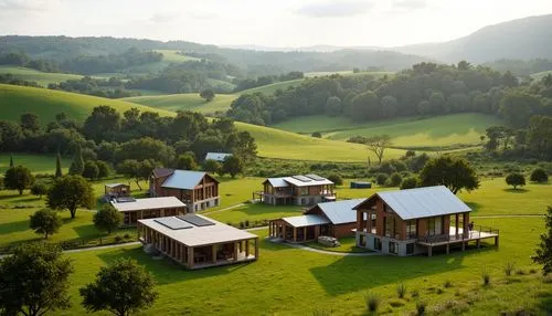 Rolling hills, lush green pastures, rustic farmhouses, modular wooden cabins, corrugated metal roofs, earthy tones, natural stone foundations, curved lines, minimalist design, sustainable living solut