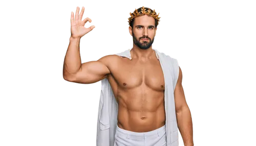 Free image, God, majestic, bearded, ancient Greek mythology, white toga, golden laurel wreath, powerful chest, muscular arms, authoritative posture, cloudy background, soft focus, cinematic lighting, 