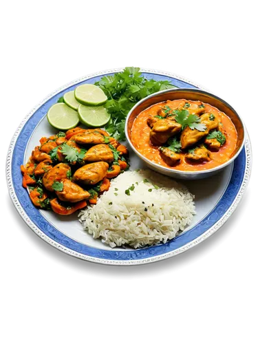 Colorful Indian dish, steaming hot, basmati rice, mixed vegetables, naan bread, tandoori chicken, rich curry sauce, silver utensils, ornate plate, garnished with fresh cilantro, shallow depth of field