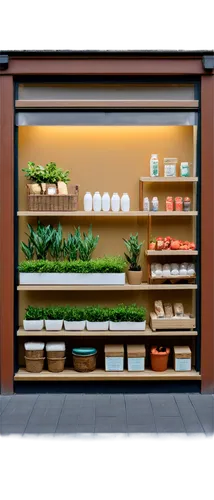 Shop, storefront, glass window, wooden door, bright signage, colorful advertisements, shelves with products, cashier counter, shopping basket, morning sunlight, soft focus, 3/4 composition, warm color