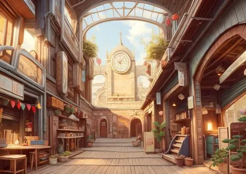 violet evergarden,watercolor shops,souk,marketplace,studio ghibli,watercolor tea shop,merchant,bazaar,medieval market,bookstore,stalls,watercolor cafe,old city,the market,principal market,shopping street,bookshop,backgrounds,french digital background,beautiful buildings,Game Scene Design,Game Scene Design,Freehand Style