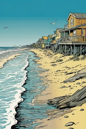 beach erosion,seaside country,hatteras,beach landscape,coastal protection,kitty hawk,beach huts,seaside resort,atlantic coast,beach house,sand coast,tybee island,walnut beach,seaside,beach hut,seaside view,boardwalk,shore line,wooden pier,beach scenery,Illustration,Black and White,Black and White 10