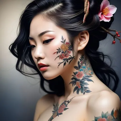 for image generation: "Create an illustration in the traditional Japanese art style of a woman with long, dark hair. Her body should be partially covered in colorful, intricate tattoos featuring flora