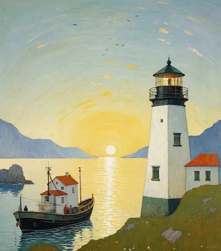 兩個漁夫在漁船上，經過遠方發亮的燈塔, 可愛,painting of boat with lighthouse in the background,sandalow,light house,lighthouse,monhegan,lighthouses,toutle,Art,Artistic Painting,Artistic Painting 32