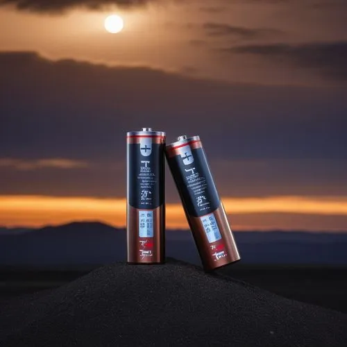 a fujitsu battery under the dark earth with dark sky background,two battery batteries sitting on top of a rock at sunset,batteries,the batteries,medium battery,alakaline battery,energy drinks,recharge