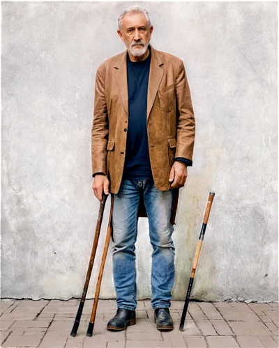 Weathered old man, rugged facial features, deep wrinkles, grey hair, worn-out clothing, torn jeans, black leather boots, holding a cane, standing in a desolate background, cinematic composition, low-k