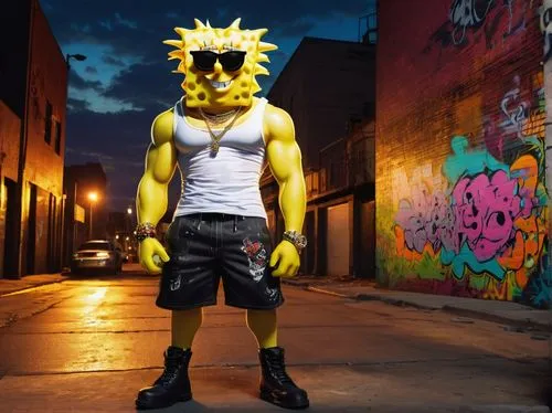 SpongeBob SquarePants, gangster outfit, gold chain, sunglasses, messy blonde hair, bold eyebrows, white tank top, baggy pants, black boots, confident posture, standing, urban cityscape, graffiti walls