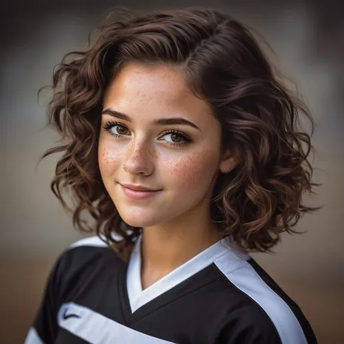 pretty girl, brown short wavy hair, brown eyes and freckles, she is a cheerleader in black and white uniform,soccer player,curly brunette,soccer,football player,wsoc,beautiful young woman,sports girl,