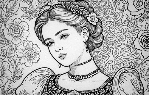 victorian lady,noblewoman,vintage drawing,coloring page,elmire,knightley,Design Sketch,Design Sketch,Rough Outline