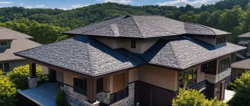 Roof, architectural shingles, GAF Timberline HDZ, 33.33 sq ft, dark brown color, textured surface, layered structure, luxurious modern villa, steep slope, residential area, sunny day, clear blue sky, 