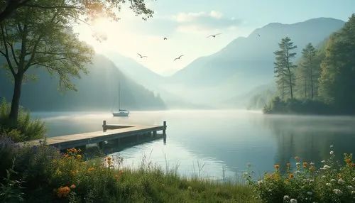 Serene lakefront location, misty morning, gentle fog rising from calm water, lush greenery surrounding, tall trees with branches stretching towards sky, vibrant wildflowers blooming along shoreline, t