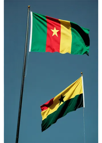 Cameroon flag, Ghana flag, side by side, waving gently, vertical composition, bright colors, green red yellow black white, detailed fabric texture, fluttering edges, morning sunlight, shallow depth of