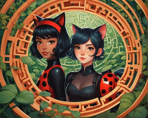 two-point-ladybug,ladybug,ladybugs,lady bug,game illustration,two bees,atala,black berries,gemini,duo,background ivy,hex,litchi,lilo,sci fiction illustration,rockabella,fairy tale icons,fantasy portrait,frame illustration,transistor,Illustration,Japanese style,Japanese Style 15