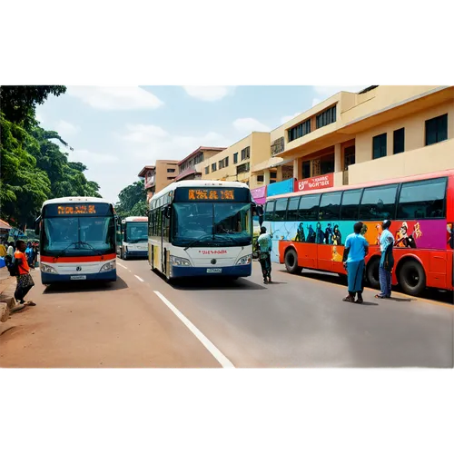 Kampala Road, Uganda, cityscape, daytime, sunny weather, paved road, busy traffic, colorful buses, matatus, motorbikes, pedestrians walking, street vendors, markets stalls, African people, traditional