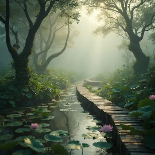 the mystical path,pathway,forest path,wooden path,flooded pathway,the path,tropical forest,fairy forest,walkway,shaoming,hiking path,levada,verdant,japan garden,morning mist,path,wooden bridge,the way of nature,vietnam,pathways,Photography,General,Realistic