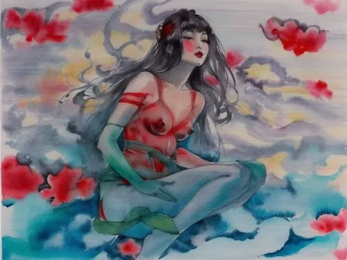 watercolor pin up,watercolor mermaid,promethea,aradia,amphitrite,queen of hearts,Illustration,Paper based,Paper Based 30