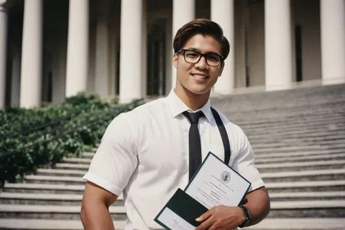 Degree in Architecture, young adult, male, muscular build, short hair, glasses, white shirt, black tie, formal trousers, holding degree certificate, standing, proud expression, university campus, mode