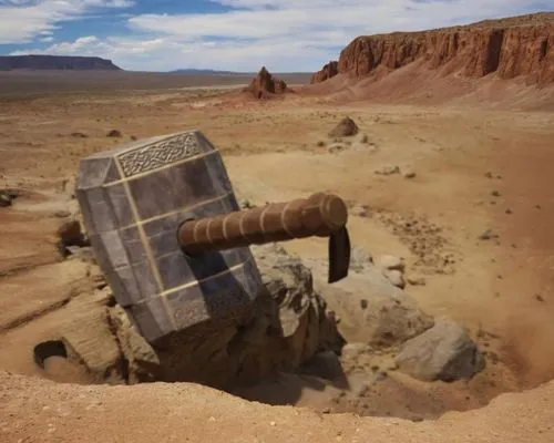 Make the rest of the picture. The hammer is surrounded by a big crater. The background is the New Mexico desert. Realistic detailed.,mars rover,moab,wastelands,abandoned international truck,desierto,g