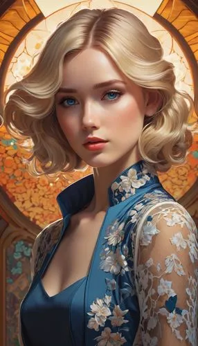 High-end blonde model with natural blue eyes, radiant with posture sophistication, standing up, donned in a short bolero-style lace jacket, patterned silk blouse neatly tucked into flared mini skirt d