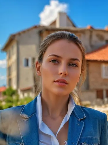 A perfect woman.,the girl in a blue jacket stands near an old house,eretria,sarikaya,anastasiadis,karasev,derya,karaca,Photography,General,Realistic