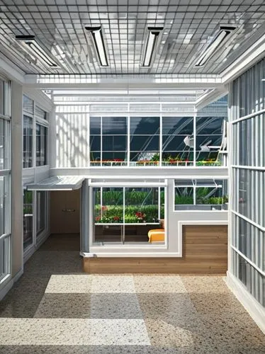 Diner interior, white walls and ceiling, glass-fronted counter, detailed, with glass greenhouse beside it on the right, realistic image, cinema image, ceiling with bright lights,modern kitchen interio