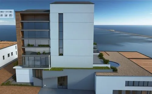 Créez une visualisation pour un bâtiment résidentiel de style moderne, ajoutez de la végétation et un beau ciel et ajoutez des fenêtres,residencial,3d rendering,modern building,seasteading,sketchup,in