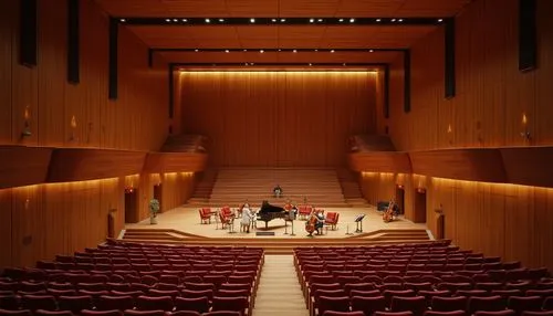 Luxurious concert hall, rich wood paneling, plush velvet seating, sound-absorbing materials, curved ceiling design, strategic speaker placement, optimal reverberation time, warm ambient lighting, inti