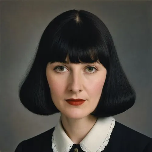 caucasian woman with bangs and long black hair dressed in formal wear ,a woman with a long bob in her hair,portrait of christi,deschanel,andreasberg,official portrait,grundhofer,susanne pleshette,Art,