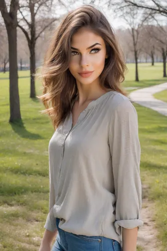 long-sleeved t-shirt,menswear for women,portrait background,beautiful young woman,in a shirt,female model,girl in t-shirt,romantic look,photographic background,golf course background,in the park,georgia,pretty young woman,walk in a park,women clothes,concrete background,woman in menswear,attractive woman,women fashion,spring background,Photography,Realistic