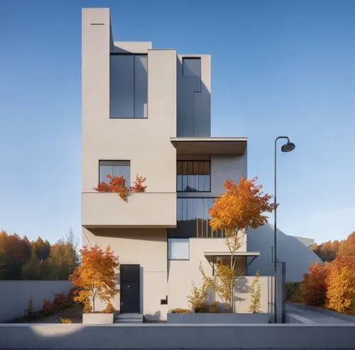 a modern building with a light pole, street lamp and trees,cubic house,habitat 67,modern house,bauhaus,modern architecture,apartment building,Photography,General,Realistic