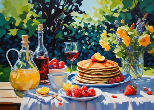 Imagine a summery picnic in a picturesque garden, with a basket filled with fresh, juicy pancakes.,still life with jam and pancakes,summer still-life,breakfast table,still life of spring,still-life,oi