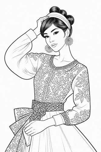 an asian woman wearing an oriental dress with long hair,cheongsam,comic halftone woman,retro 1950's clip art,oriental girl,oriental princess,kebaya,Design Sketch,Design Sketch,Detailed Outline