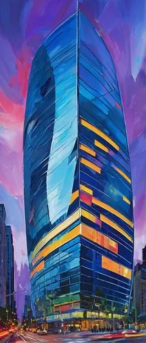 Modern DBI building, futuristic skyscraper, sleek glass exterior, silver metal framework, intricate LED lighting system, curved lines, geometric shapes, cityscape background, blue hour atmosphere, sof