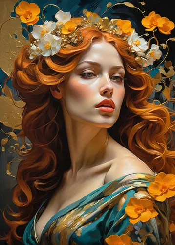 orange blossom,golden flowers,marigold,fantasy art,fantasy portrait,gold filigree,gold foil mermaid,the garden marigold,marigold flower,gold leaf,orange petals,golden lilac,gold foil art,flower gold,world digital painting,flower painting,orange rose,gold flower,faery,flora,Conceptual Art,Oil color,Oil Color 04