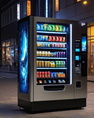 Modern, sleek, high-tech vending machine, stainless steel body, curved edges, LED display screen, glowing blue light, touch-sensitive interface, card reader, coin slot, dispensing mechanism, rotating 