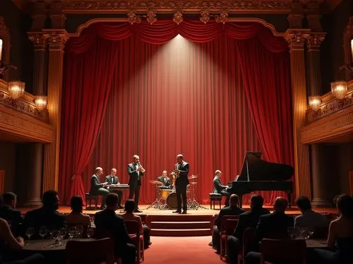 Luxurious concert hall, grand stage, velvet red curtains, golden chandeliers, ornate wooden decorations, VIP lounge area, crystal wine glasses, sophisticated audience, evening wear, suits and ties, gl