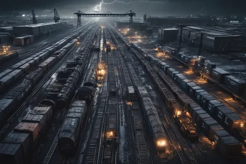 industrial landscape,freight trains,rail traffic,container train,rail transport,railroads,frozen tears on railway,railway tracks,through-freight train,marshalling yard,steel mill,tank cars,railroad engineer,railway rails,ship yard,railroad,merchant train,hudson yard,railway lines,train cemetery,Conceptual Art,Fantasy,Fantasy 33