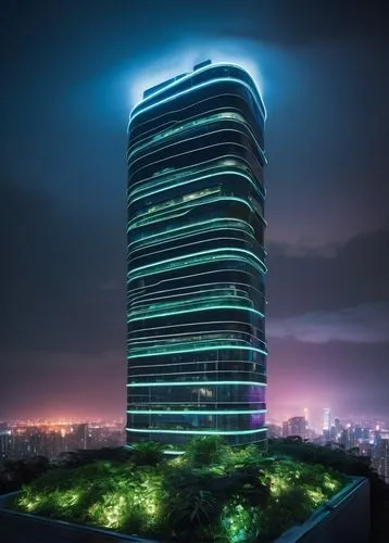 Modern futuristic skyscraper, sleek metallic exterior, gleaming glass windows, curved lines, neon lights illuminating at night, rooftop garden with lush greenery, helipad on top, cityscape in the back