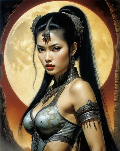 An advanced science fiction world appears before our eyes, 3000 years later, Woman with dark hair ponytail，by LUIS ROYO, Vampire nymph posing in a horror movie still, detailed face features highlighte