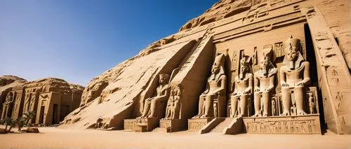 Ancient Egyptian temple, Luxor, Abu Simbel, stone pillars, hieroglyphics, golden accents, intricate carvings, obelisk, pharaoh statue, sandy dunes, blue sky, warm sunlight, dramatic shadows, low angle