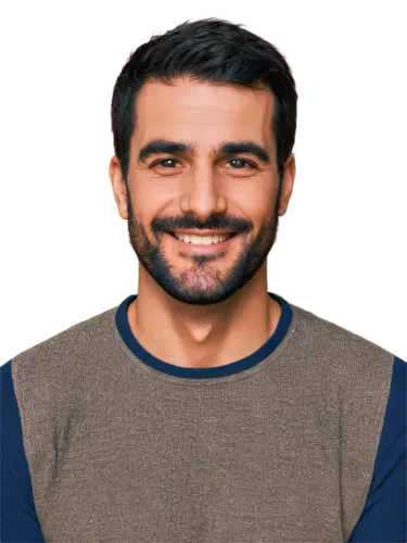 Smiling man, facial close-up, 45-degree angle, bright eyes, thick eyebrows, prominent nose, stubble beard, dimpled cheeks, white teeth, gentle smile, soft lighting, shallow depth of field, warm color 