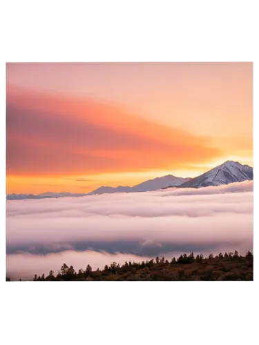 Vibrant sunrise, golden hour, warm soft light, gradient sky, fluffy white clouds, pinkish orange hues, misty atmosphere, serene landscape, panoramic view, low angle shot, 3/4 composition, shallow dept