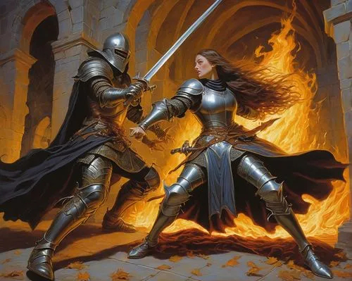 witch fighting a knight,burning torch,paladin,dispute,sword fighting,confrontation,joan of arc,knight festival,assault,heroic fantasy,the white torch,knight tent,the protection of victims,stage combat